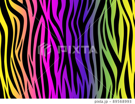 Zebra rainbow abstract seamless pattern. Black lines. Colorful stripes, repeating background. Vector printing for fabrics, posters, banners.  89568993