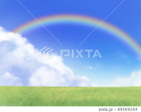 虹と草原の爽やかな青空 背景素材のイラスト素材 5694
