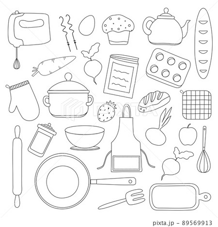 Doodle cooking vector set. Kitchen equipment and objects for cooking. Hand drawn food and ingredients clipart 89569913