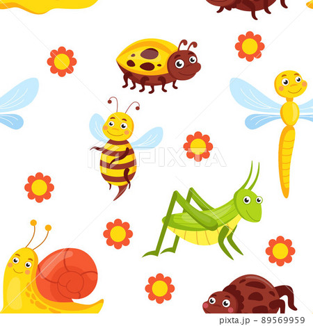 Insect background. Pretty simple cute insect seamless. Vector elegant flat texture with fun bugs illustration colourful elements childish coloring 89569959