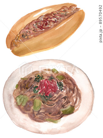 焼きそばと焼きそばパン　水彩素材 89570492