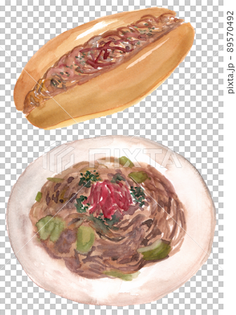 焼きそばと焼きそばパン　水彩素材 89570492