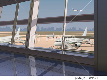 View from the terminal to the aircraft and the airport. Vector. 89571992