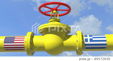 USA GREECE gas or oil transit concept. Pipe with valve, 3D rendering USA GREECE gas or oil transit concept. Pipe with valve, 3D rendering 89572630