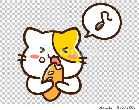 パンを美味しそうに食べるかわいいねこのキャラクターの手書き風イラストのイラスト素材 5726