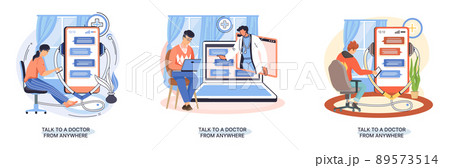 Online medical services metaphor, consultations website and mobile applications, talk to doctor from anywhere 89573514
