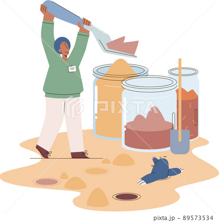 Soil analysis and earth pollution or structure control. Scientist measuring ground levels status metaphor Soil analysis and earth pollution or structure control. Scientist measuring ground levels status metaphor 89573534
