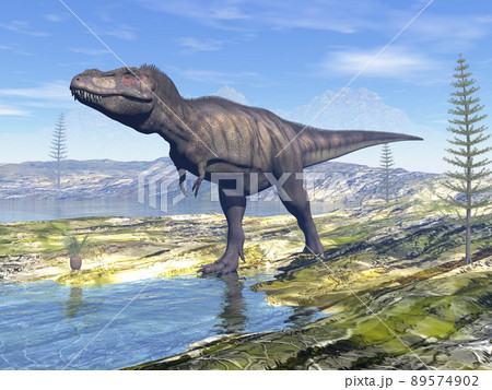 Tyrannosaurus rex t-rex dinosaur in the desert - 3D render Tyrannosaurus rex t-rex dinosaur in the desert - 3D render 89574902