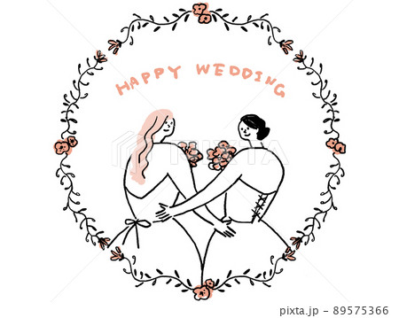 レズビアンカップルの結婚式、フラワーフレーム、テキストあり（横、サイズ大、中央配置） 89575366