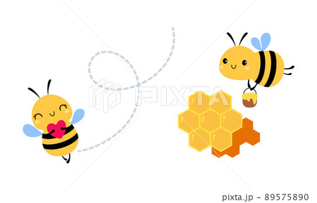 Cute Little Honey Bee with Wings and Black Stripes Flying with Bucket and Heart Vector Set 89575890