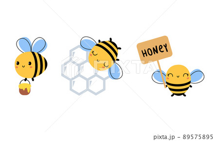 Cute Little Honey Bee with Wings and Black Stripes Flying with Honeycomb and Bucket with Honey Vector Set 89575895