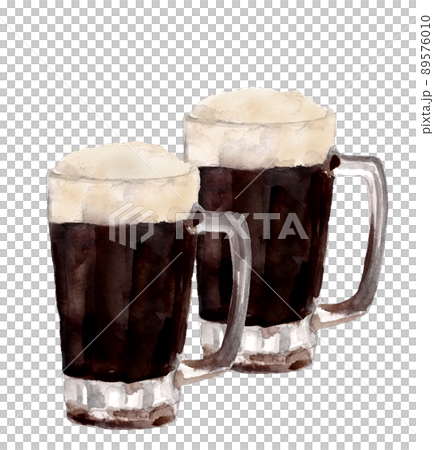 二杯の冷えた黒ビールジョッキ【手描き水彩画】コピースペースあり 白バック PNG 89576010