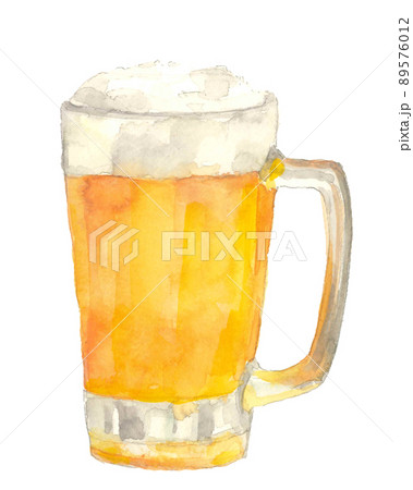 冷えた生ビールジョッキ一杯【手描き水彩画】コピースペースあり 白バック PNG 89576012