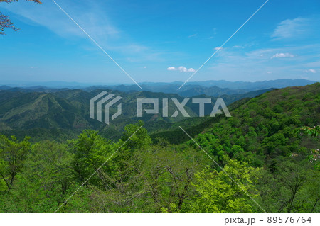立里荒神社の参道のから見た大峯山系の山々と新緑1 奈良県吉野郡野迫川村 立里荒神社の参道のから見た大峯山系の山々と新緑1 奈良県吉野郡野迫川村 89576764