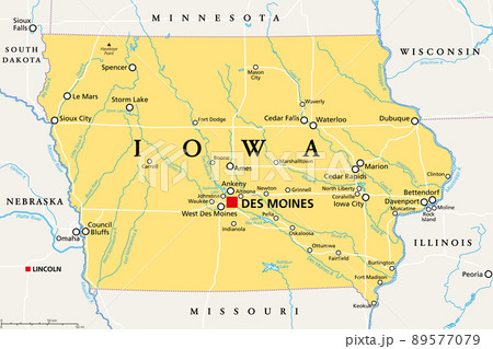Iowa, IA, political map, with the capital Des Moines and most important cities, rivers and lakes. State in the Midwestern region of the United States of America, nicknamed The Hawkeye State. Vector. 89577079