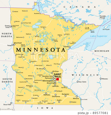 Minnesota, MN, political map, with capital Saint Paul and metropolitan area Minneapolis. State in the upper Midwestern United States. Nicknamed Land of 10,000 Lakes, North Star State and Gopher State. 89577081
