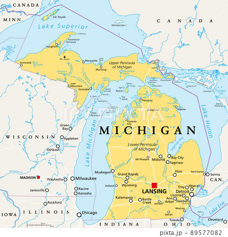 Michigan, MI, political map, with capital Lansing and metropolitan area Detroit. State in Great Lakes region of upper Midwestern United States, nicknamed The Great Lake State, and The Wolverine State. 89577082