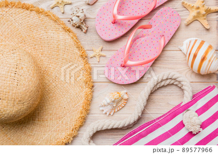 Summer vacation concept flat lay. beach accessories and towel top view. Space for text. travel concept 89577966