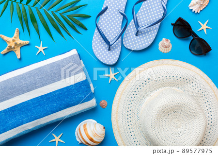 Summer vacation concept flat lay. beach accessories and towel top view. Space for text. travel concept Summer vacation concept flat lay. beach accessories and towel top view. Space for text. travel concept 89577975