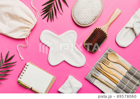Zero waste concept. Eco-friendly home daily accessories. top view 89578060