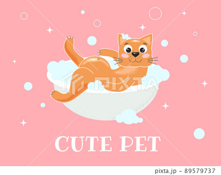 Red cat lies in bath with foam cartoon Red cat lies in bath with foam cartoon 89579737