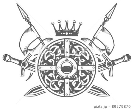 Medieval knight armor, round shield with decorative pattern, crown with crossed swords and pennants, medieval blazon and heraldic coat of arms, vector 89579870