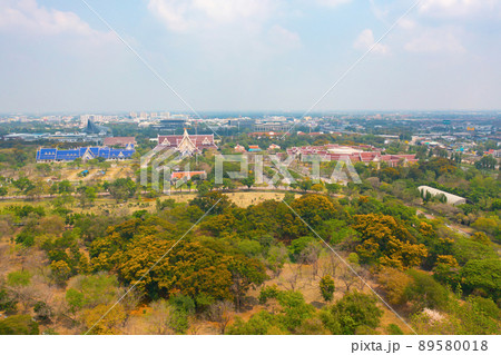 Aerial top view of Phutthamonthon, Bangkok City, Thailand. Thai buddhist temple architecture. Tourist attraction landmark. 89580018