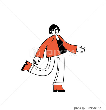 Woman in jacket. Female character walk. Girl in casual autumn clothes on the move. Trendy outline modern illustration isolated on white 89581549