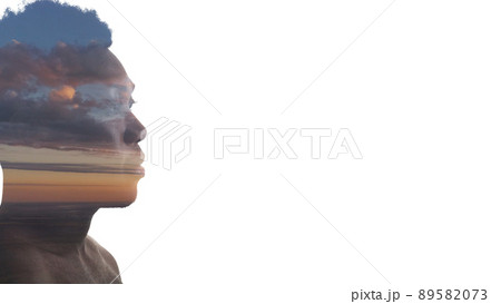 Dream journey. Sunset inspiration. Nature freedom. Double exposure profile silhouette of relaxed man face with countryside skyline landscape isolated on white copy space. Dream journey. Sunset inspiration. Nature freedom. Double exposure profile silhouette of relaxed man face with countryside skyline landscape isolated on white copy space. 89582073