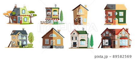 Home renovation, old house before and after repair. New and old suburban cottage. Remodel building Home renovation, old house before and after repair. New and old suburban cottage. Remodel building 89582569