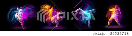 Collage of images of young man, hip-hop and breakdance dancer dancing on dark background with mixed neon light. Youth culture, style and fashion, action. 89582718