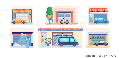 Gates with lifting mechanism, place for automobile, vehicle parking. Car near garage Gates with lifting mechanism, place for automobile, vehicle parking. Car near garage 89582925
