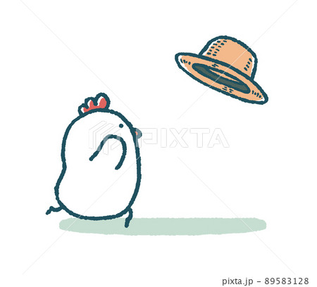 ゆるいにわとりは帽子が舞い飛ぶことに慌てるのイラスト素材 5128