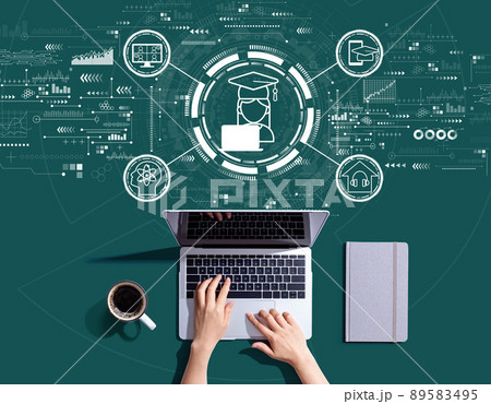 Distance learning theme with person using a laptop Distance learning theme with person using a laptop 89583495