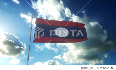Flag of Laos waving at wind against beautiful blue sky. 3d rendering 89584210