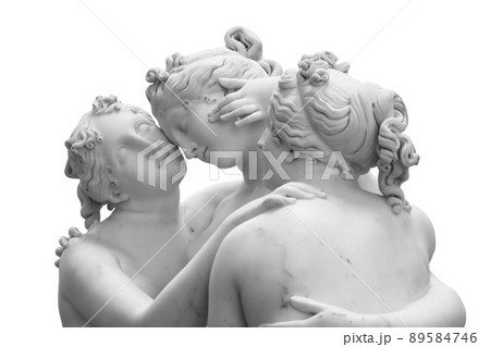 The Three Graces, Le tre Grazie. Neoclassical sculpture, in marble, of the mythological three charites isolated on white background with clipping path The Three Graces, Le tre Grazie. Neoclassical sculpture, in marble, of the mythological three charites isolated on white background with clipping path 89584746