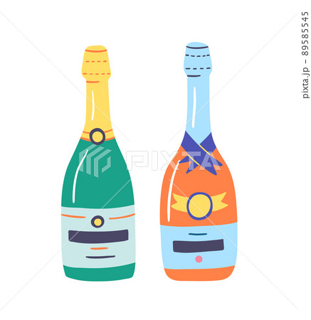 Cartoon Color Various Bottles Champagne Icon Set Isolated on a White Background Flat Design Style Alcoholic Beverage for Celebration Concept. Vector illustration 89585545