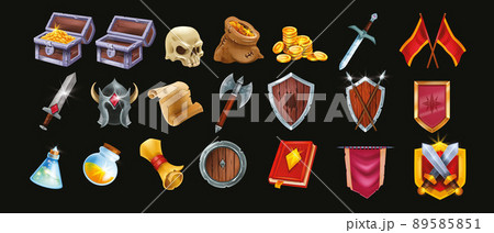 Fantasy game vector icon set, wooden warrior shield, full gold chest, potion, medieval UI game badge 89585851