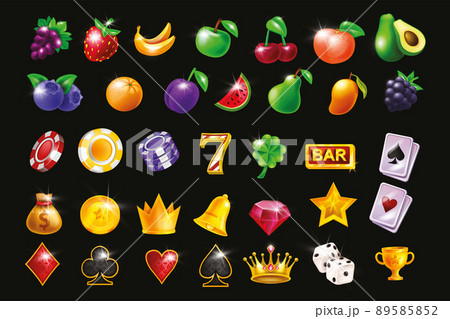 Casino slot game vector icon set, gambling machine UI badge kit, golden award crown, glossy fruit. Casino slot game vector icon set, gambling machine UI badge kit, golden award crown, glossy fruit. 89585852