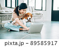 Young Freelancer Asian Woman Working Online via Social Media with Beagle Dog Using Laptop at Home Living Room Young Freelancer Asian Woman Working Online via Social Media with Beagle Dog Using Laptop at Home Living Room 89585917