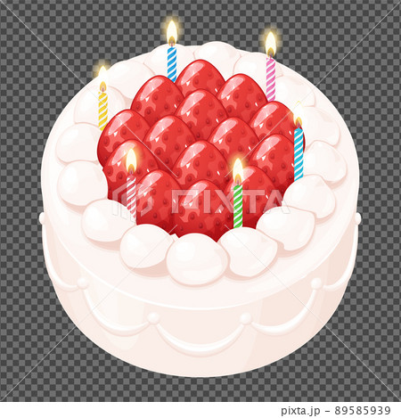 ロウソクを立てた誕生日ケーキのイラスト 苺のホールケーキ アニメ風のイラスト素材