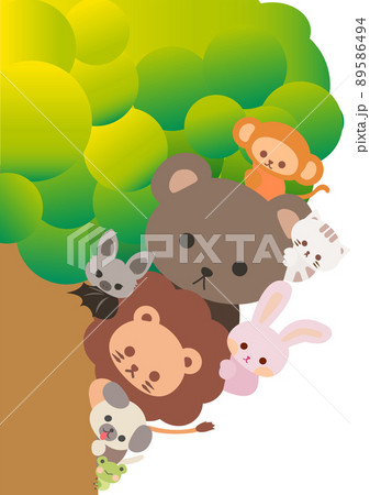 Cute cartoon animals hiding behind the tree. Playing hide and seek. Cartoon animal character. Illustration, Vector, EPS10 89586494