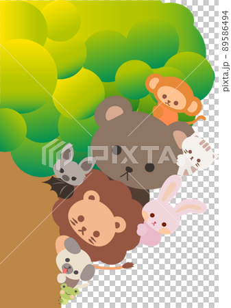 Cute cartoon animals hiding behind the tree. Playing hide and seek. Cartoon animal character. Illustration, Vector, EPS10 89586494