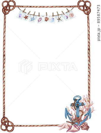 Watercolor nautical, marine frame with lighthouse, lifebuoy, anchor, steering wheel, boat and compass. Nautical background Watercolor nautical, marine frame with lighthouse, lifebuoy, anchor, steering wheel, boat and compass. Nautical background 89587473