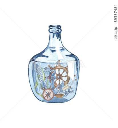 Watercolor hand drawn nautical, marine illustration with sea glass, boat and corals, sheels. Nautical composition in a bottle 89587484