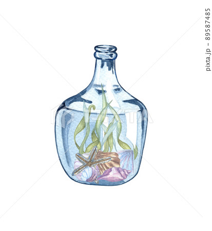 Watercolor hand drawn nautical, marine illustration with sea glass, boat and corals, sheels. Nautical composition in a bottle Watercolor hand drawn nautical, marine illustration with sea glass, boat and corals, sheels. Nautical composition in a bottle 89587485