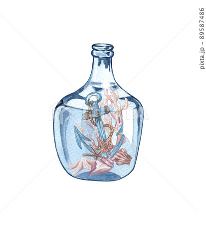 Watercolor hand drawn nautical, marine illustration with sea glass, boat and corals, sheels. Nautical composition in a bottle 89587486