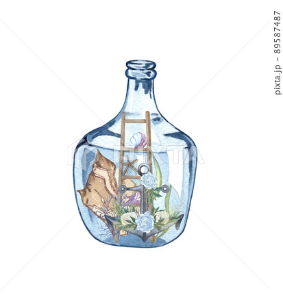Watercolor hand drawn nautical, marine illustration with sea glass, boat and corals, sheels. Nautical composition in a bottle 89587487