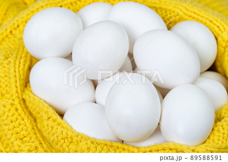 white chicken eggs in yellow wool sweater. lot of white eggs close up. 89588591