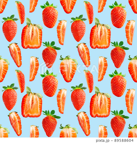 Strawberry seamless pattern. Ripe strawberries isolated on blue. package design background. 89588604